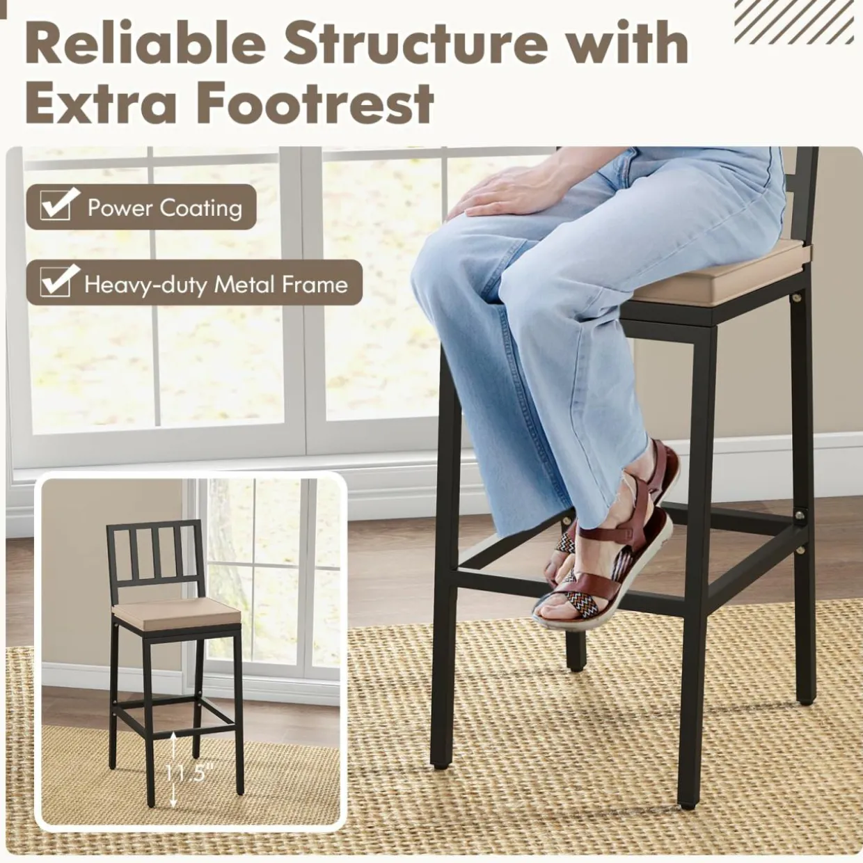 Tangkula Patio Bar Chairs, Heavy-Duty Metal Frame Bar Stools w/Backrest, Indoor Outdoor Barstools