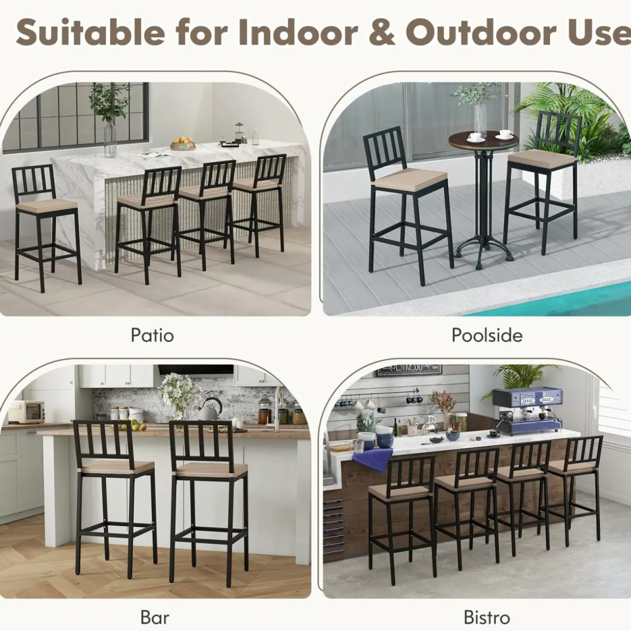 Tangkula Patio Bar Chairs, Heavy-Duty Metal Frame Bar Stools w/Backrest, Indoor Outdoor Barstools