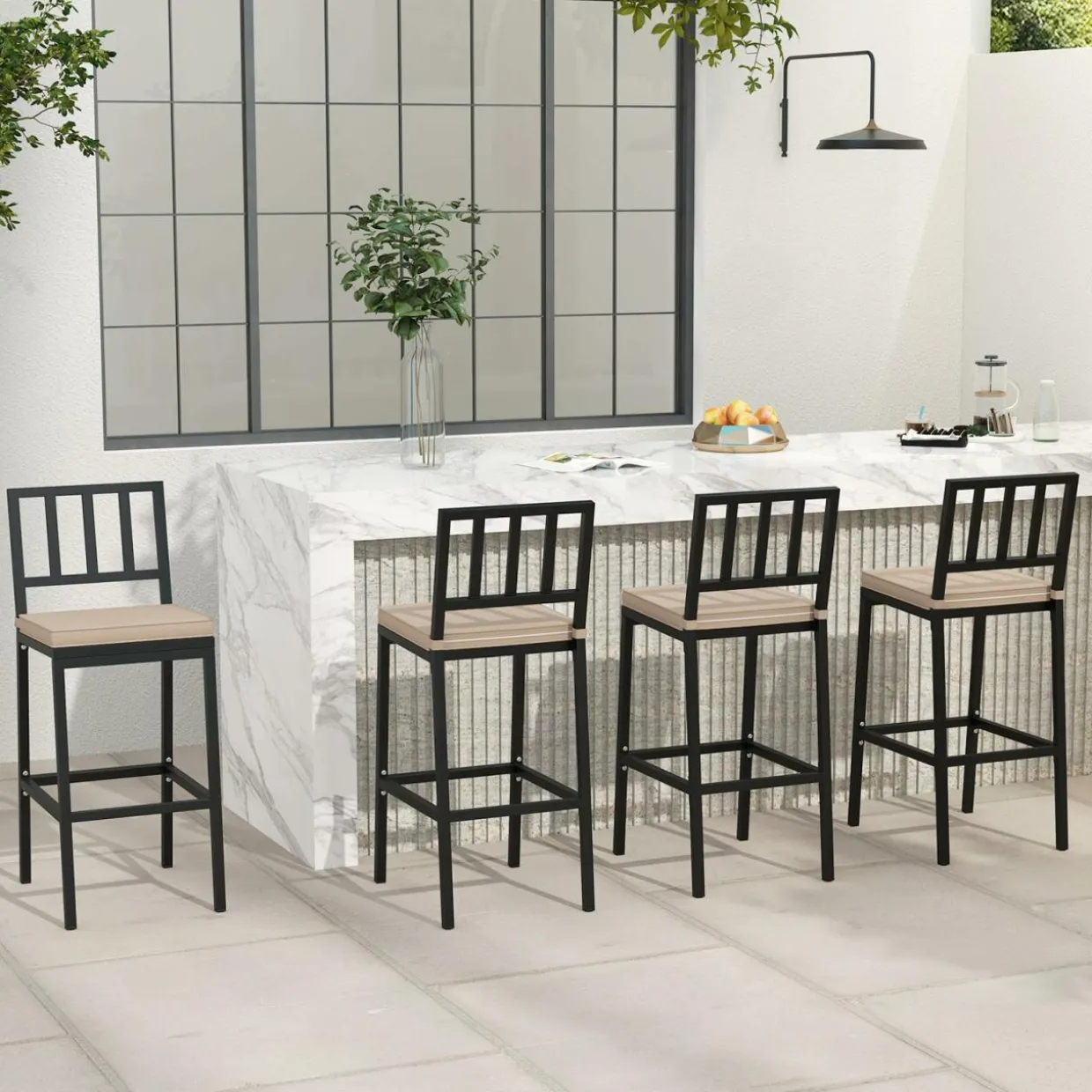 Tangkula Patio Bar Chairs, Heavy-Duty Metal Frame Bar Stools w/Backrest, Indoor Outdoor Barstools