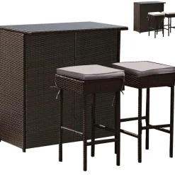 Tangkula Patio Bar Set, 3 Piece Outdoor Rattan Wicker Bar Set with 2 Cushions Stools & Glass Top Table
