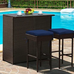 Tangkula Patio Bar Set, 3 Piece Outdoor Rattan Wicker Bar Set with 2 Cushions Stools & Glass Top Table