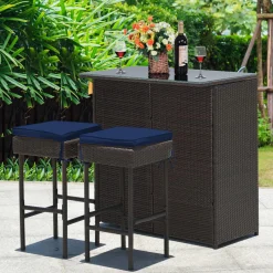 Tangkula Patio Bar Set, 3 Piece Outdoor Rattan Wicker Bar Set with 2 Cushions Stools & Glass Top Table