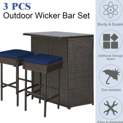 Tangkula Patio Bar Set, 3 Piece Outdoor Rattan Wicker Bar Set with 2 Cushions Stools & Glass Top Table