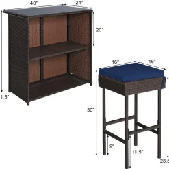 Tangkula Patio Bar Set, 3 Piece Outdoor Rattan Wicker Bar Set with 2 Cushions Stools & Glass Top Table