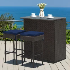 Tangkula Patio Bar Set, 3 Piece Outdoor Rattan Wicker Bar Set with 2 Cushions Stools & Glass Top Table