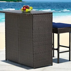 Tangkula Patio Bar Set, 3 Piece Outdoor Rattan Wicker Bar Set with 2 Cushions Stools & Glass Top Table