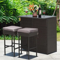 Tangkula Patio Bar Set, 3 Piece Outdoor Rattan Wicker Bar Set with 2 Cushions Stools & Glass Top Table