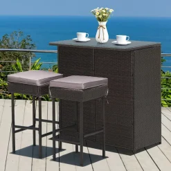 Tangkula Patio Bar Set, 3 Piece Outdoor Rattan Wicker Bar Set with 2 Cushions Stools & Glass Top Table