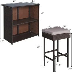Tangkula Patio Bar Set, 3 Piece Outdoor Rattan Wicker Bar Set with 2 Cushions Stools & Glass Top Table