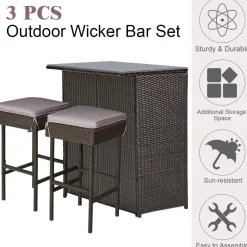 Tangkula Patio Bar Set, 3 Piece Outdoor Rattan Wicker Bar Set with 2 Cushions Stools & Glass Top Table