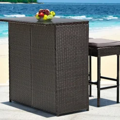 Tangkula Patio Bar Set, 3 Piece Outdoor Rattan Wicker Bar Set with 2 Cushions Stools & Glass Top Table
