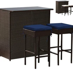 Tangkula Patio Bar Set, 3 Piece Outdoor Rattan Wicker Bar Set with 2 Cushions Stools & Glass Top Table