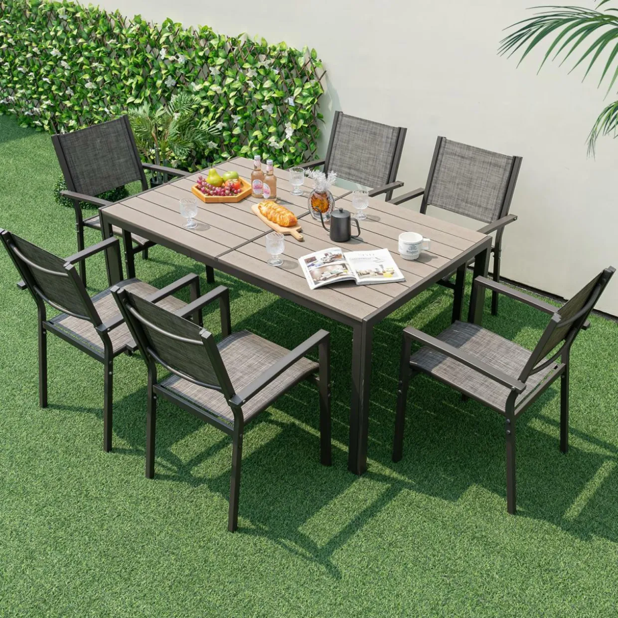 Tangkula Patio Chair Set of 6, Stackable Dining Chairs w/Breathable Fabric Seat & Heavy-Duty Metal Frame