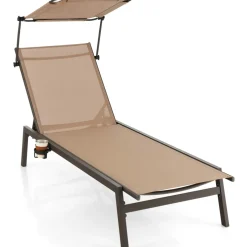 Tangkula Patio Chaise Lounge Chair, Outdoor Recliner with Adjustable Canopy & Cup Holder