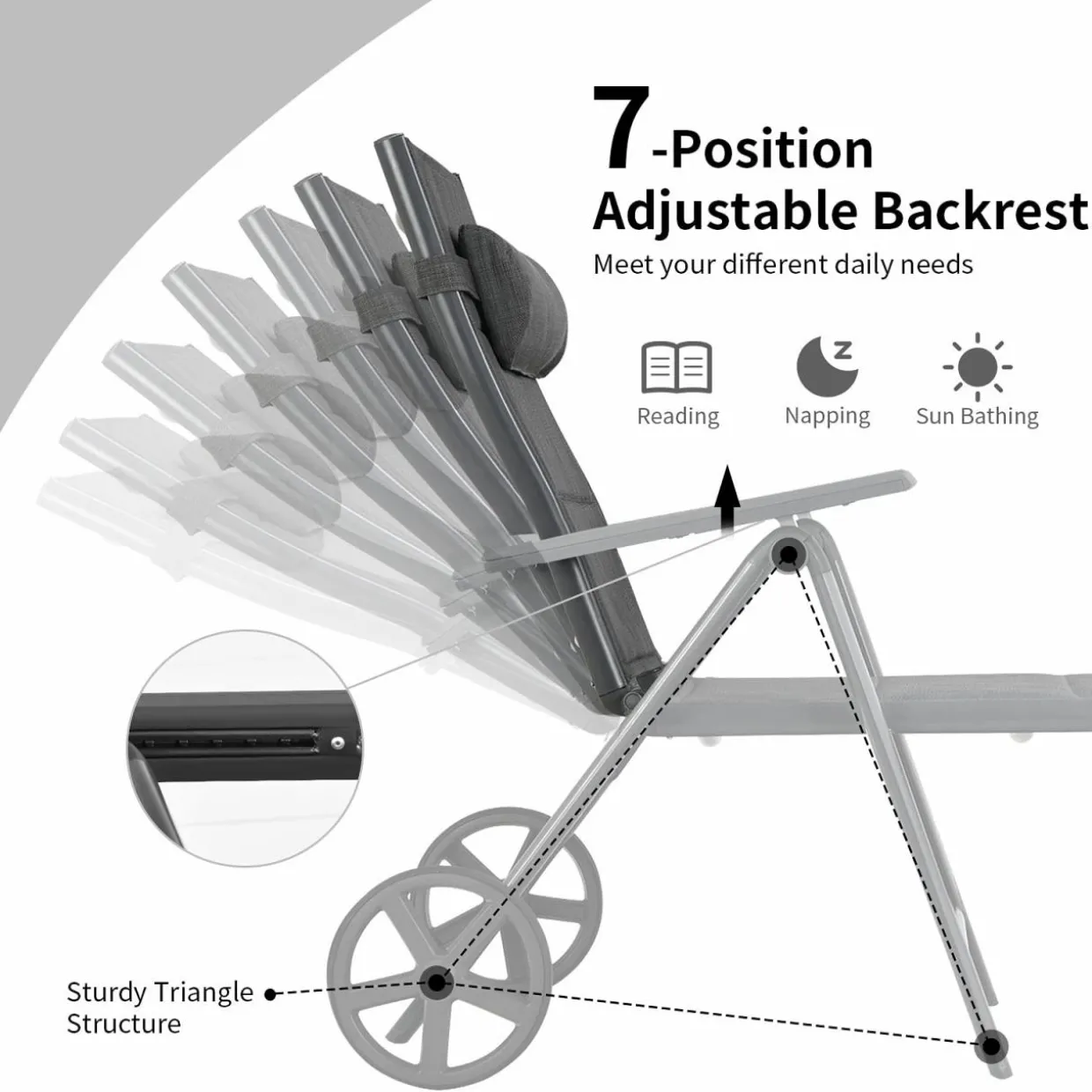 Tangkula Patio Chaise Lounge W/Wheels, Outdoor Folding Padded Lounge Chair W/ 7-Position Backrest, Removable Headrest