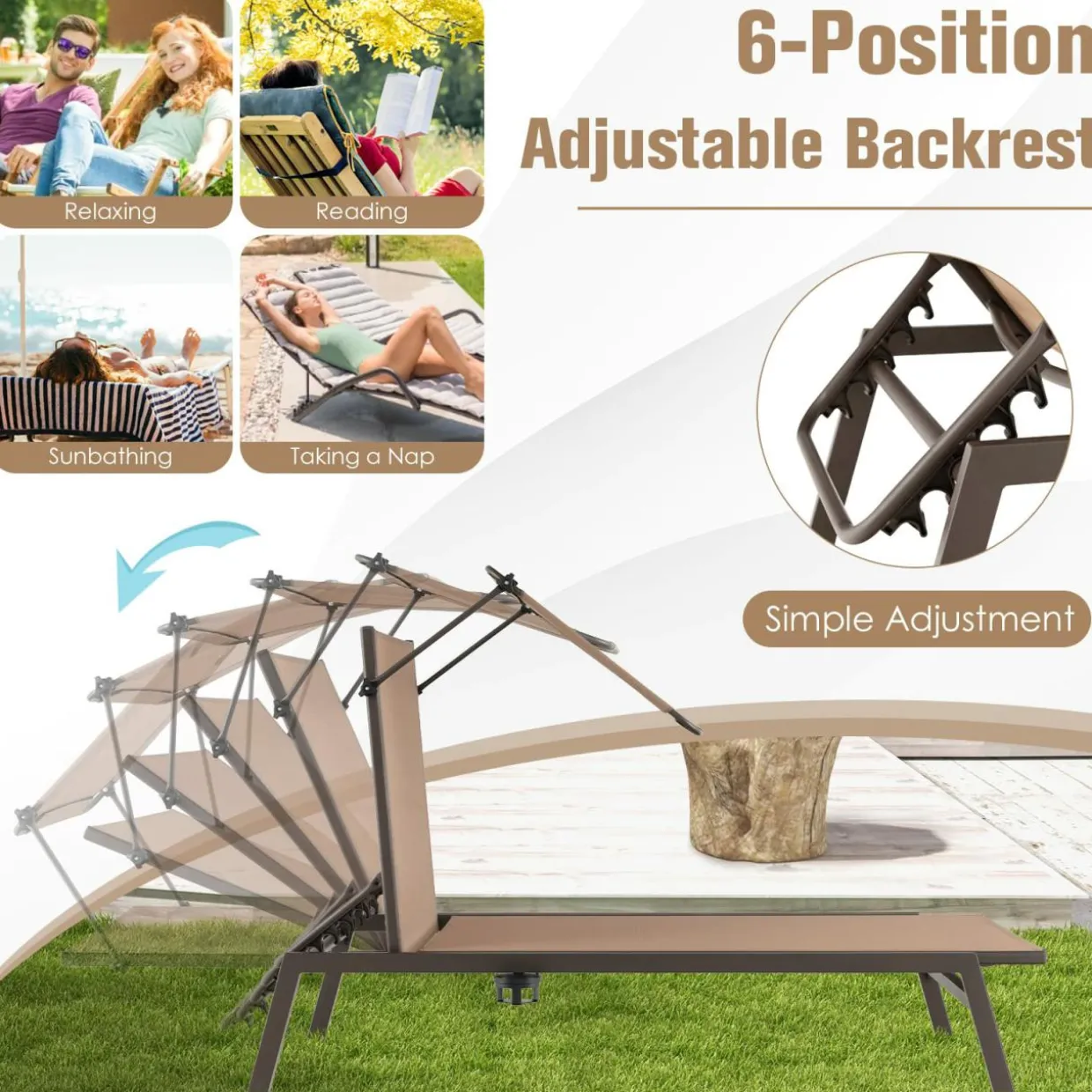 Tangkula Patio Chaise Lounge Chair, Outdoor Recliner with Adjustable Canopy & Cup Holder