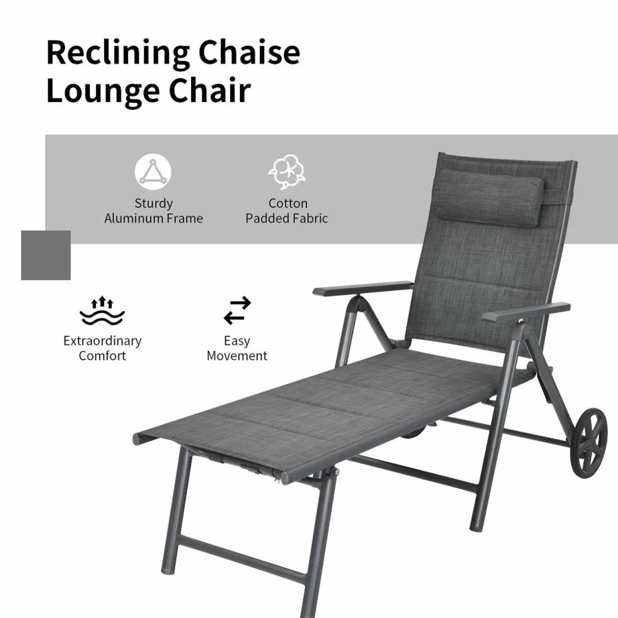 Tangkula Patio Chaise Lounge W/Wheels, Outdoor Folding Padded Lounge Chair W/ 7-Position Backrest, Removable Headrest