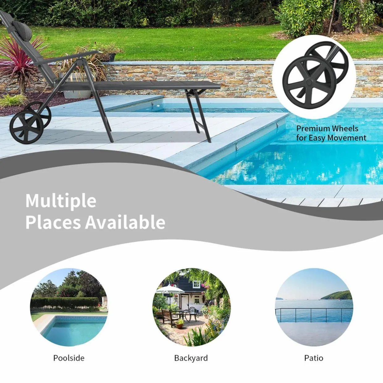 Tangkula Patio Chaise Lounge W/Wheels, Outdoor Folding Padded Lounge Chair W/ 7-Position Backrest, Removable Headrest