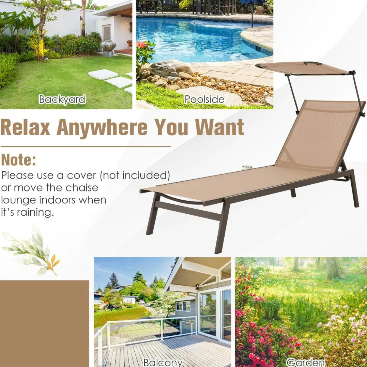 Tangkula Patio Chaise Lounge Chair, Outdoor Recliner with Adjustable Canopy & Cup Holder