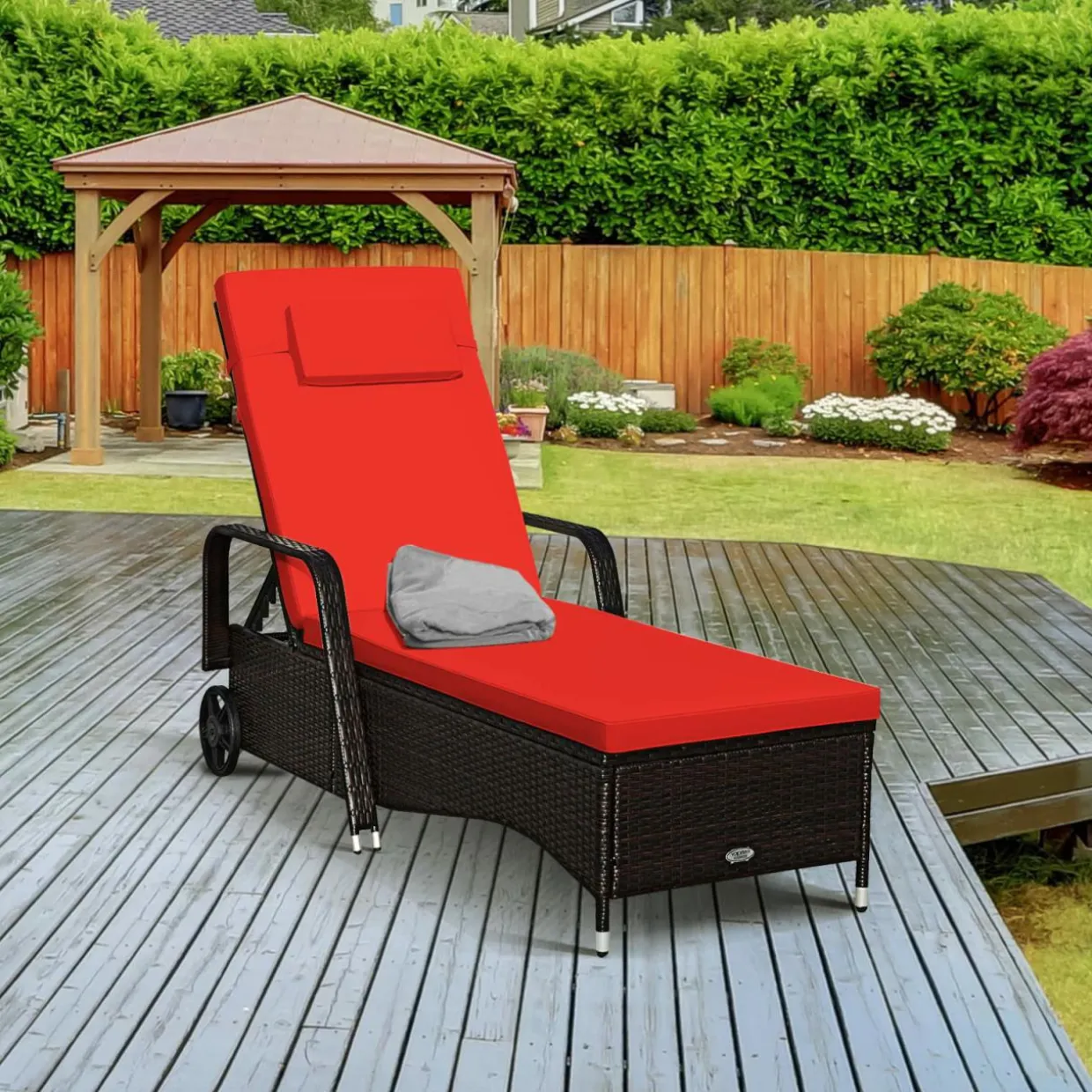 Tangkula Patio Chaise with Wheels, 6 Positions Adjustable Outdoor Lounger Chair with Steel Frame