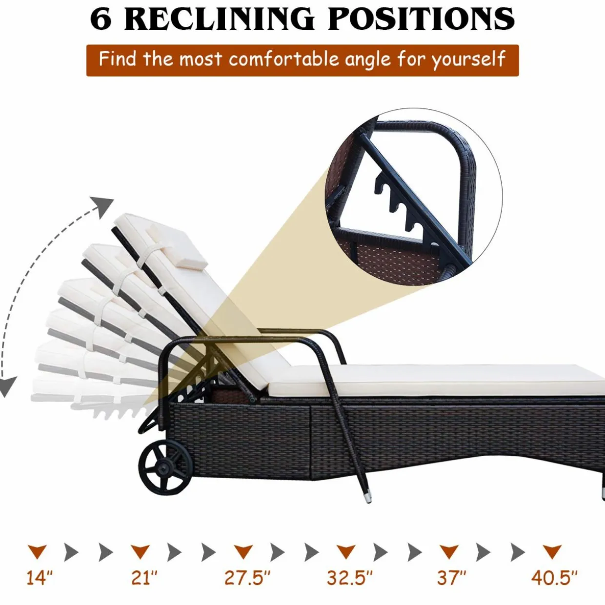 Tangkula Patio Chaise with Wheels, 6 Positions Adjustable Outdoor Lounger Chair with Steel Frame