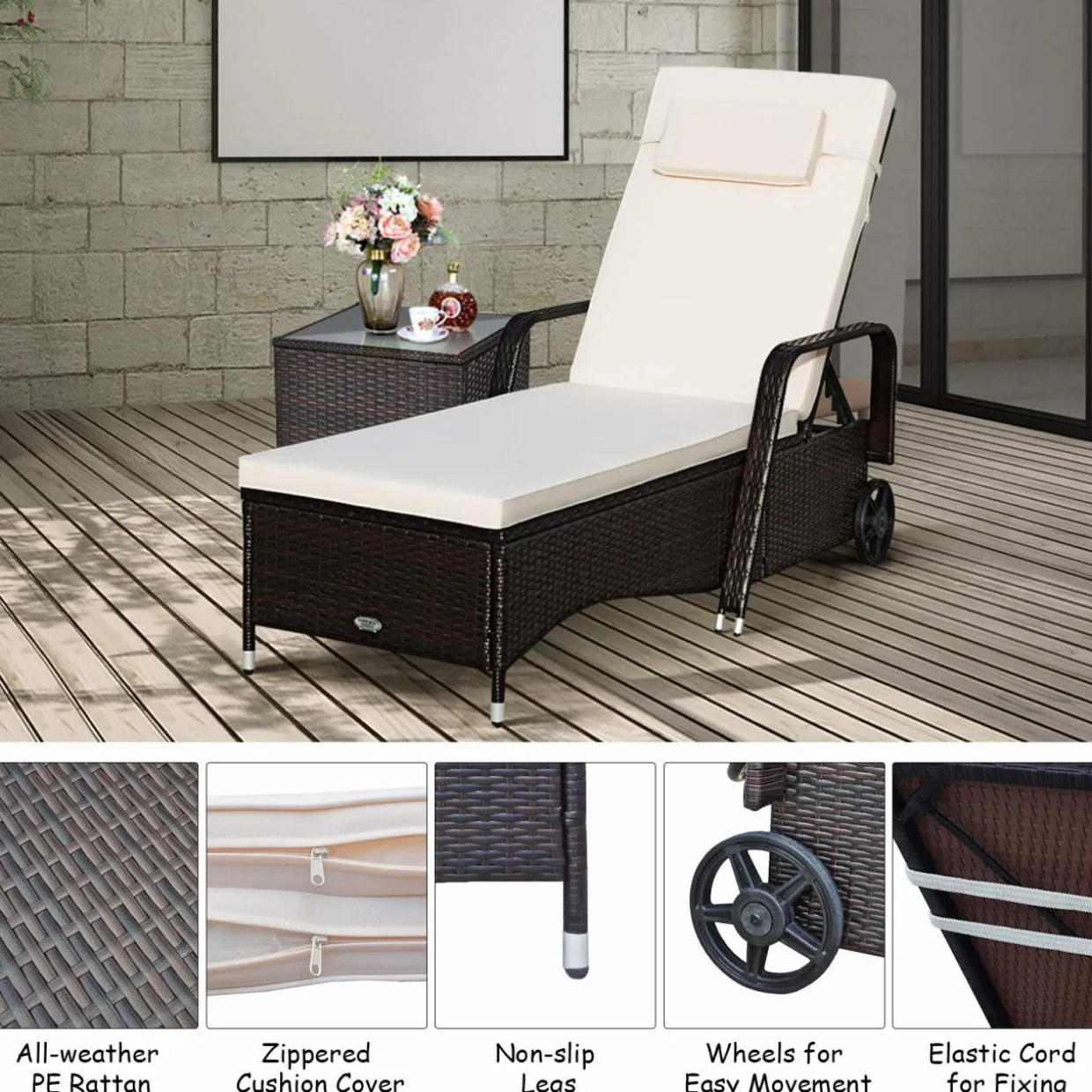 Tangkula Patio Chaise with Wheels, 6 Positions Adjustable Outdoor Lounger Chair with Steel Frame