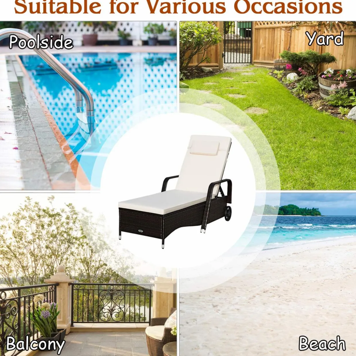 Tangkula Patio Chaise with Wheels, 6 Positions Adjustable Outdoor Lounger Chair with Steel Frame