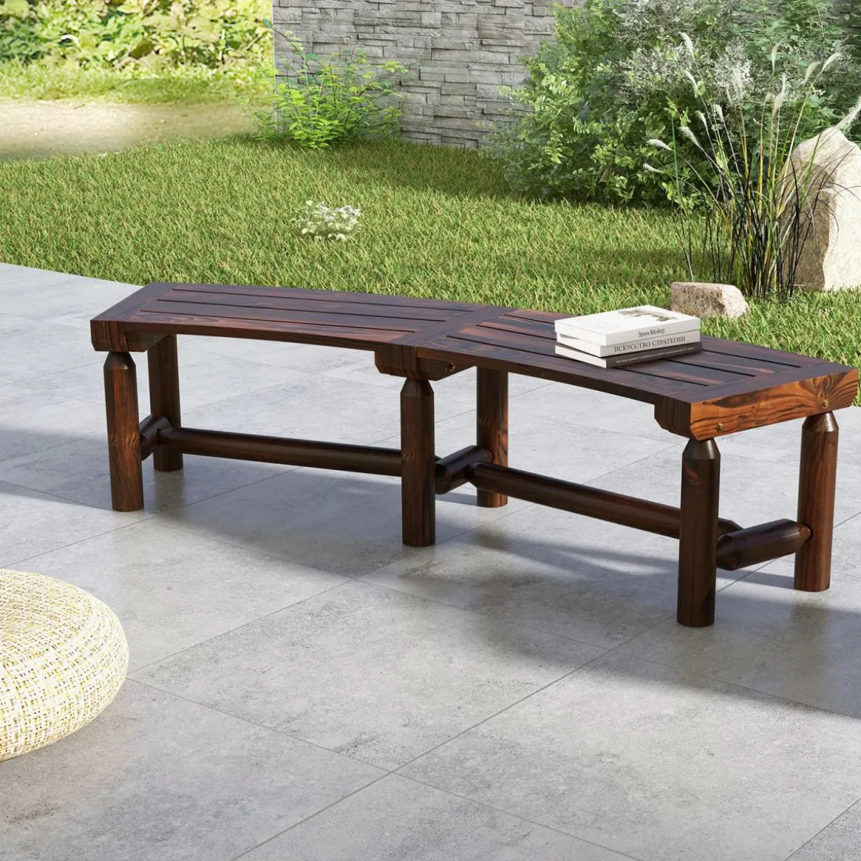 Tangkula Patio Curved Bench, Carbonized Wood Dining Bench for Round Table, Spacious & Slatted Seat
