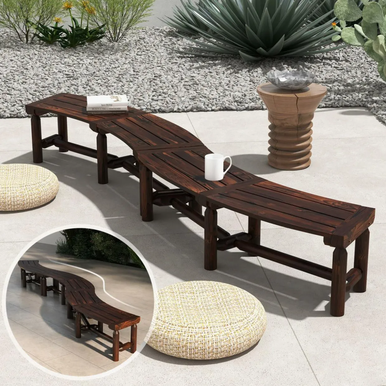 Tangkula Patio Curved Bench, Carbonized Wood Dining Bench for Round Table, Spacious & Slatted Seat