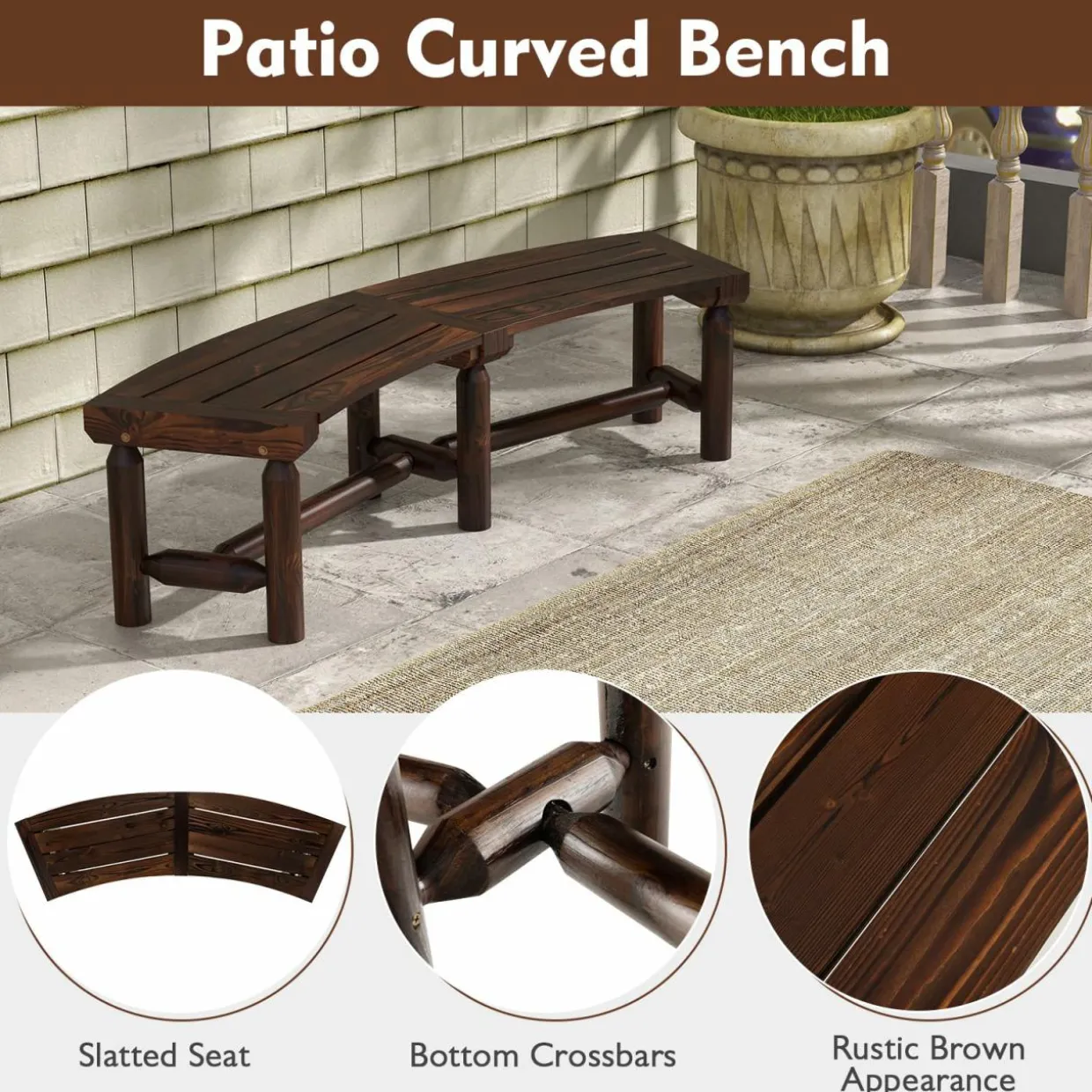 Tangkula Patio Curved Bench, Carbonized Wood Dining Bench for Round Table, Spacious & Slatted Seat