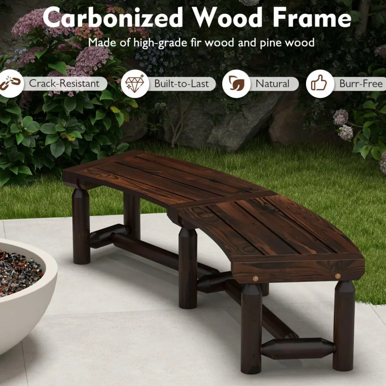Tangkula Patio Curved Bench, Carbonized Wood Dining Bench for Round Table, Spacious & Slatted Seat