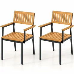 Tangkula Patio Dining Chair Set, Outdoor Chairs w/Metal and Acacia Wood Frame, Armrests