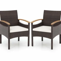 Tangkula Patio Dining Chairs Set, Outdoor Rattan Cushioned Chairs with Acacia Wood Armrest