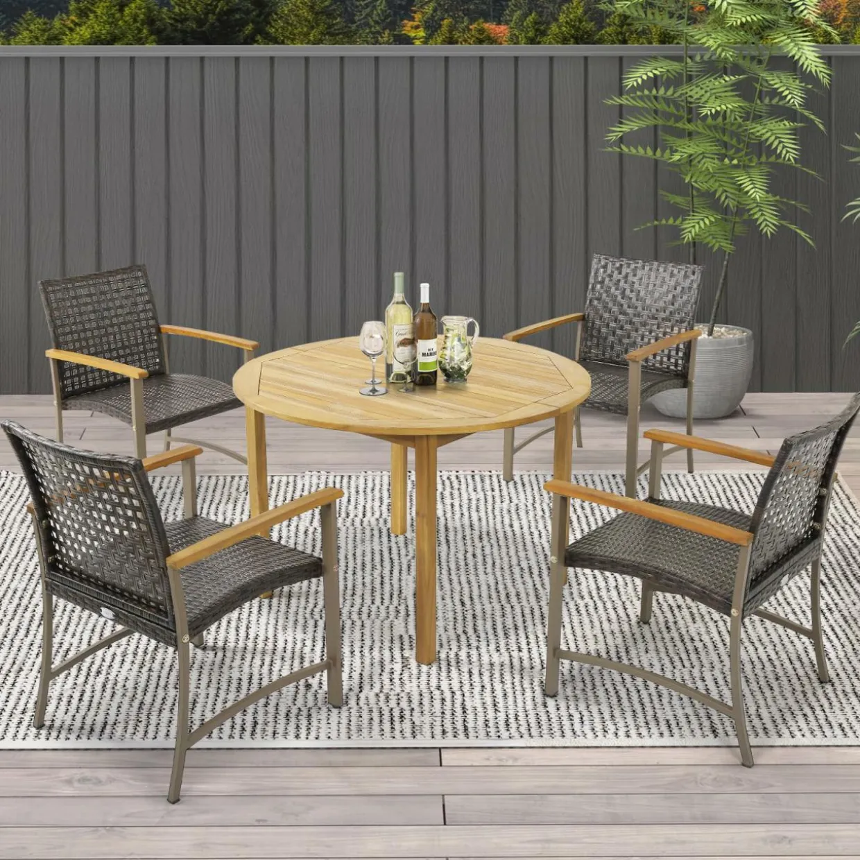 Tangkula Patio Dining Chairs Set of 4, Outdoor PE Wicker & Heavy-Duty Metal Chairs with Acacia Wood Armrests