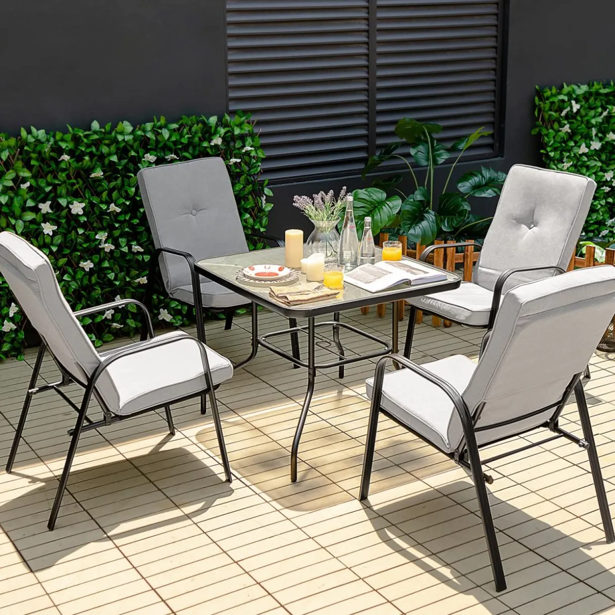 Tangkula Patio Dining Chair Set of 4, 4-Piece Stackable Upholstered Leisure Chair with Armrests