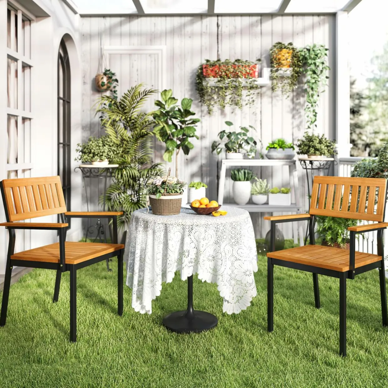 Tangkula Patio Dining Chair Set, Outdoor Chairs w/Metal and Acacia Wood Frame, Armrests