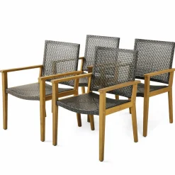 Tangkula Patio Dining Chairs Set of 4, Outdoor Acacia Wood & PE Wicker Chairs with Armrests