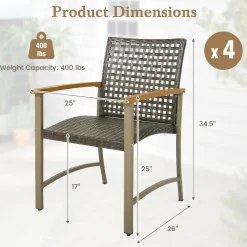 Tangkula Patio Dining Chairs Set of 4, Outdoor PE Wicker & Heavy-Duty Metal Chairs with Acacia Wood Armrests