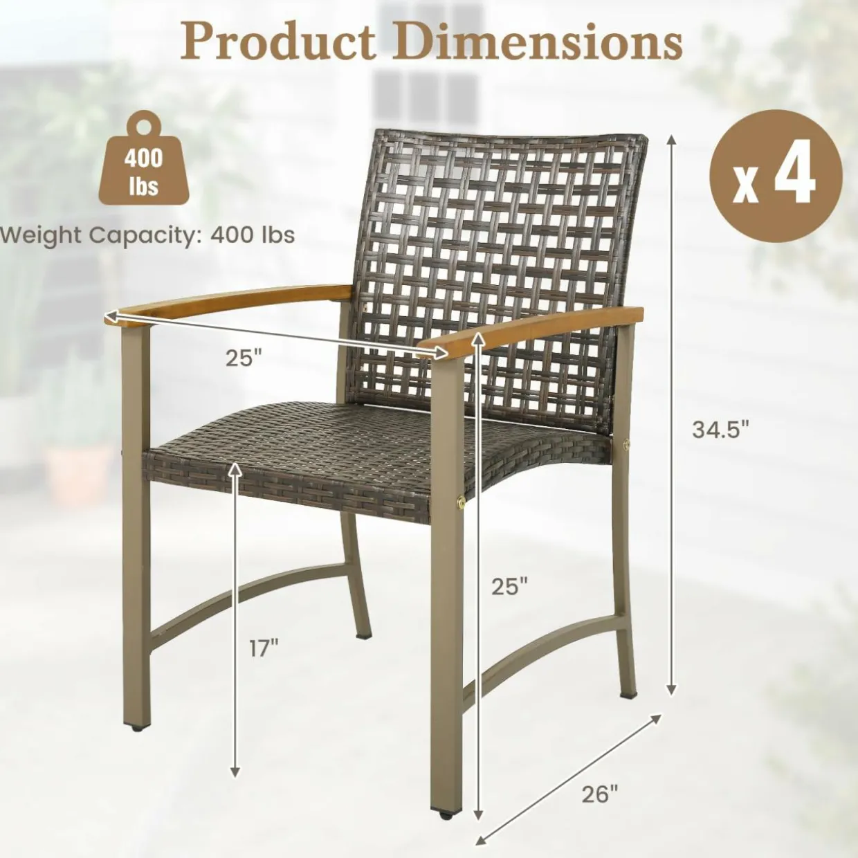 Tangkula Patio Dining Chairs Set of 4, Outdoor PE Wicker & Heavy-Duty Metal Chairs with Acacia Wood Armrests