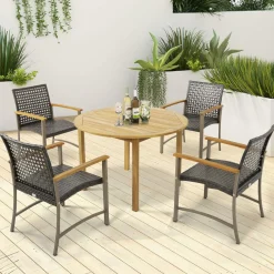 Tangkula Patio Dining Chairs Set of 4, Outdoor PE Wicker & Heavy-Duty Metal Chairs with Acacia Wood Armrests
