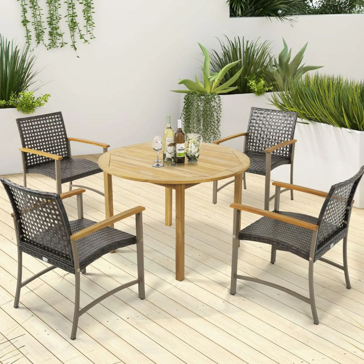 Tangkula Patio Dining Chairs Set of 4, Outdoor PE Wicker & Heavy-Duty Metal Chairs with Acacia Wood Armrests