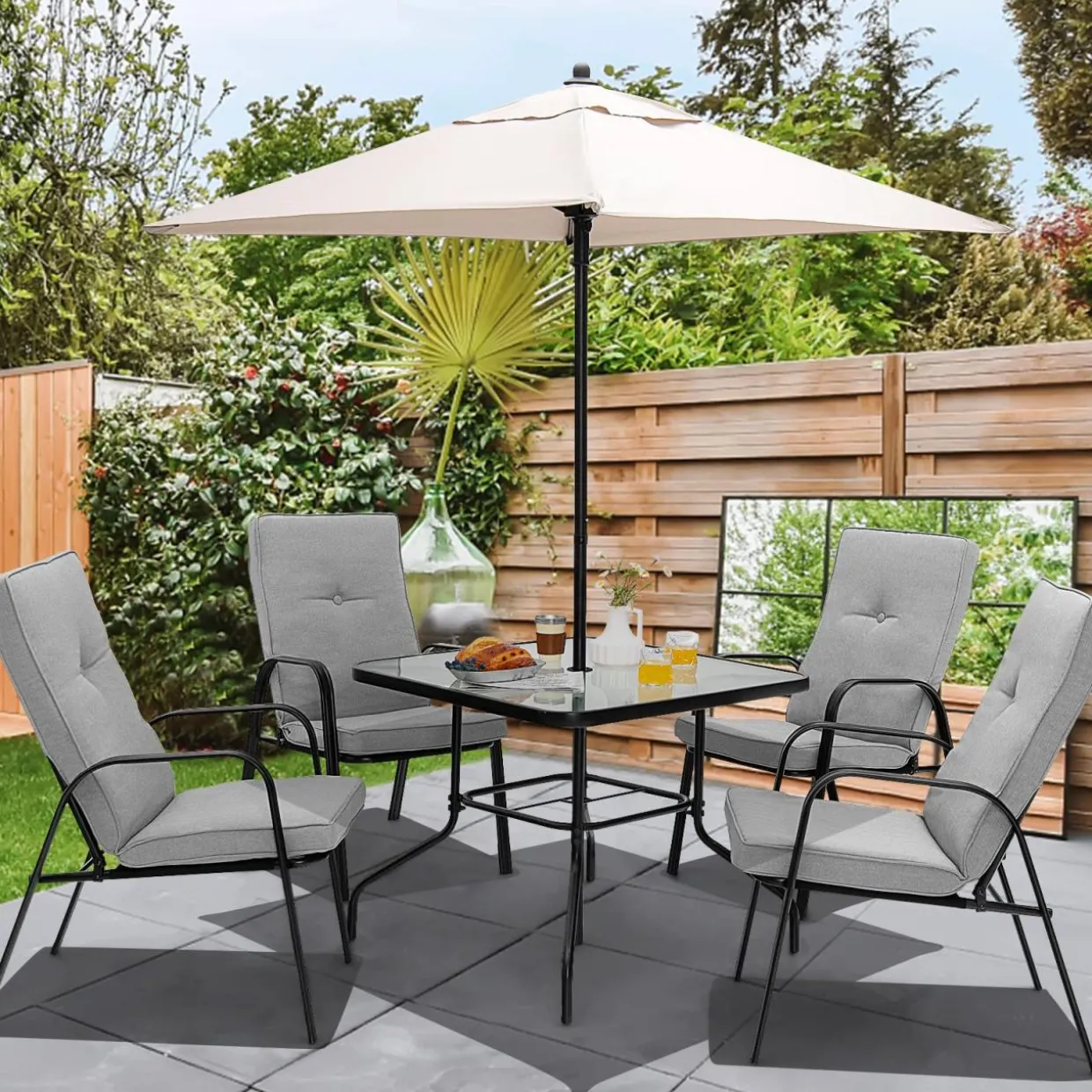 Tangkula Patio Dining Chair Set of 4, 4-Piece Stackable Upholstered Leisure Chair with Armrests