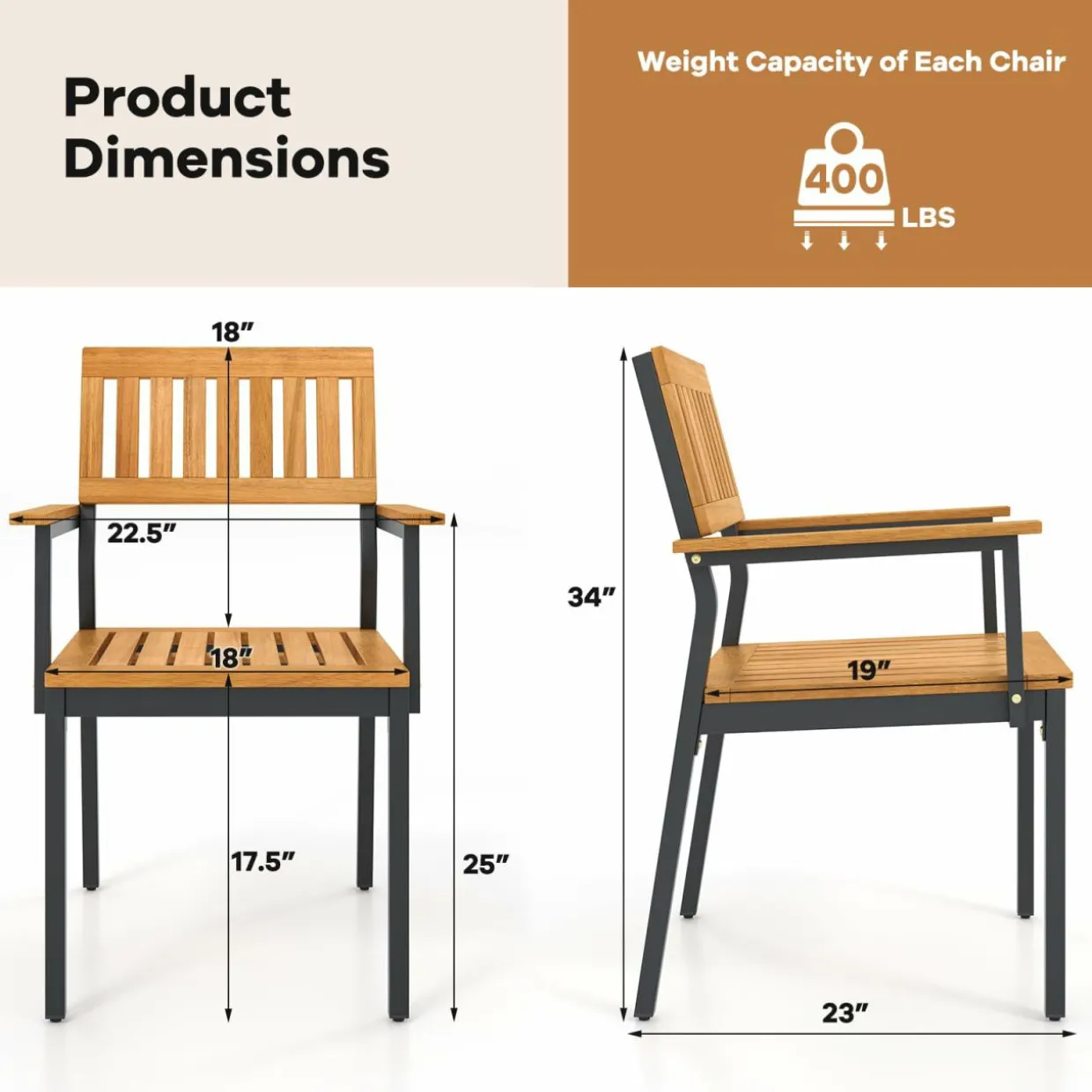 Tangkula Patio Dining Chair Set, Outdoor Chairs w/Metal and Acacia Wood Frame, Armrests
