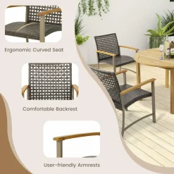 Tangkula Patio Dining Chairs Set of 4, Outdoor PE Wicker & Heavy-Duty Metal Chairs with Acacia Wood Armrests