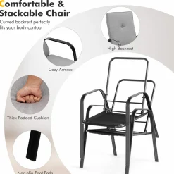 Tangkula Patio Dining Chair Set of 4, 4-Piece Stackable Upholstered Leisure Chair with Armrests