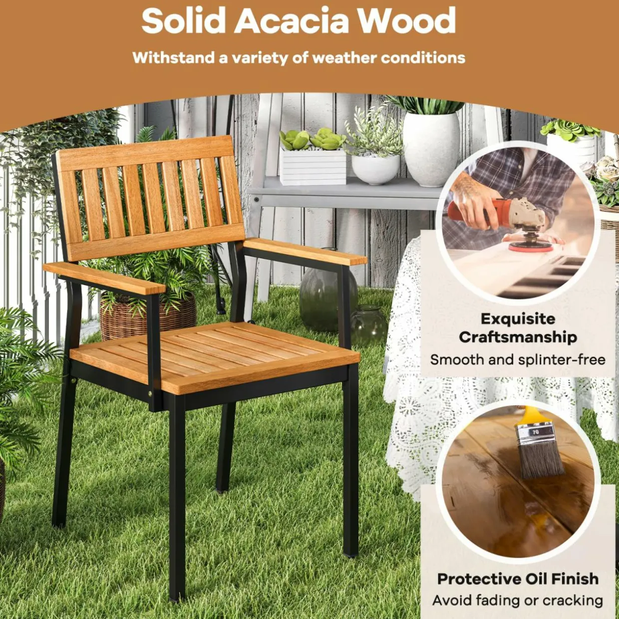 Tangkula Patio Dining Chair Set, Outdoor Chairs w/Metal and Acacia Wood Frame, Armrests
