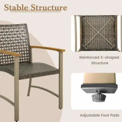 Tangkula Patio Dining Chairs Set of 4, Outdoor PE Wicker & Heavy-Duty Metal Chairs with Acacia Wood Armrests