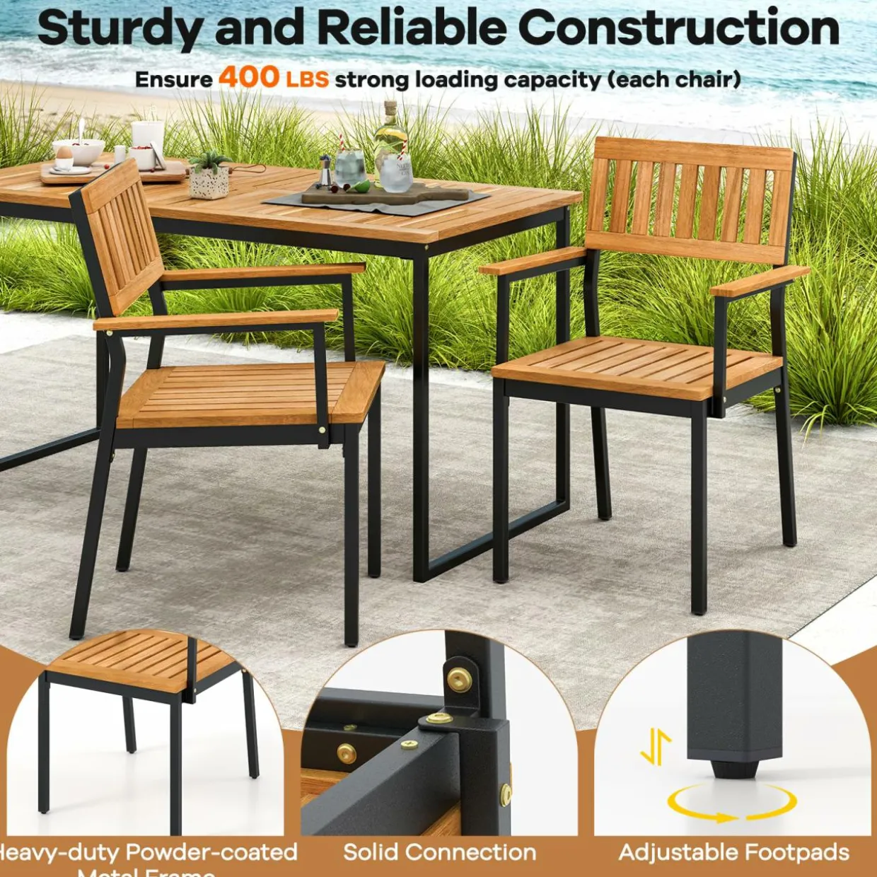 Tangkula Patio Dining Chair Set, Outdoor Chairs w/Metal and Acacia Wood Frame, Armrests