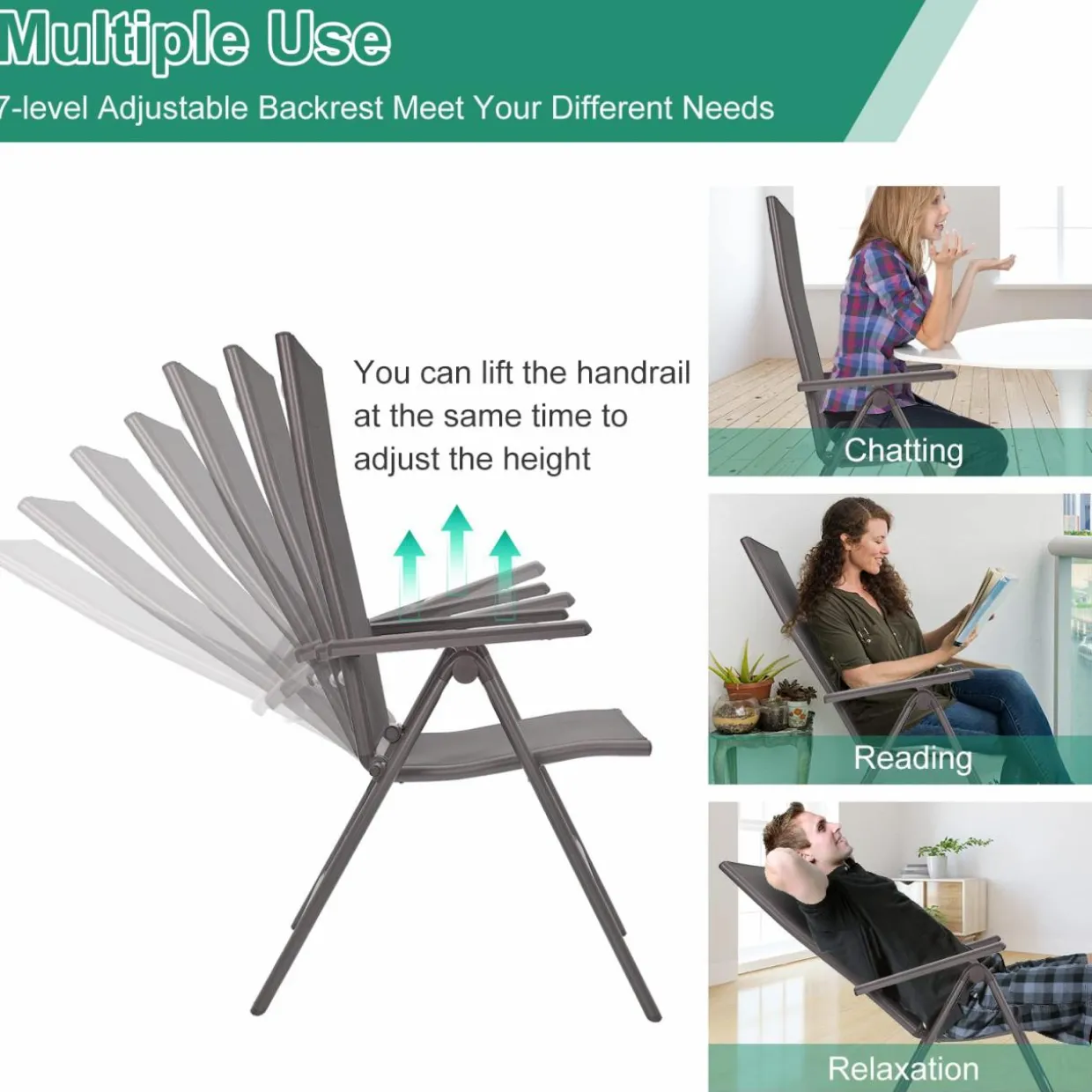 Tangkula Patio Dining Chairs, No Assembly Needs, Portable Folding Patio Chairs with 7-Position Adjustable Backrest and Aluminium Frame