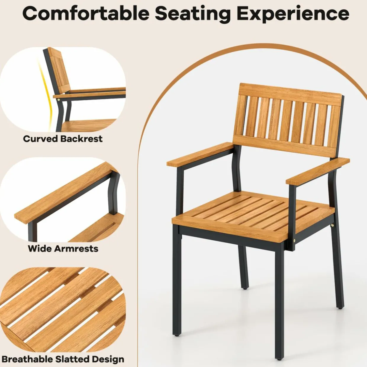 Tangkula Patio Dining Chair Set, Outdoor Chairs w/Metal and Acacia Wood Frame, Armrests